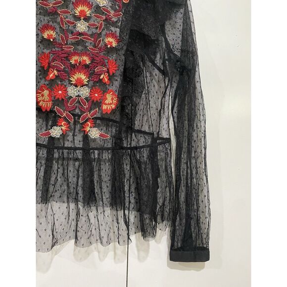 GUESS Sheer Mesh Blouse Small Black Polka Dot Embroidery Front Peplum Hem Gothic - Picture 5 of 9